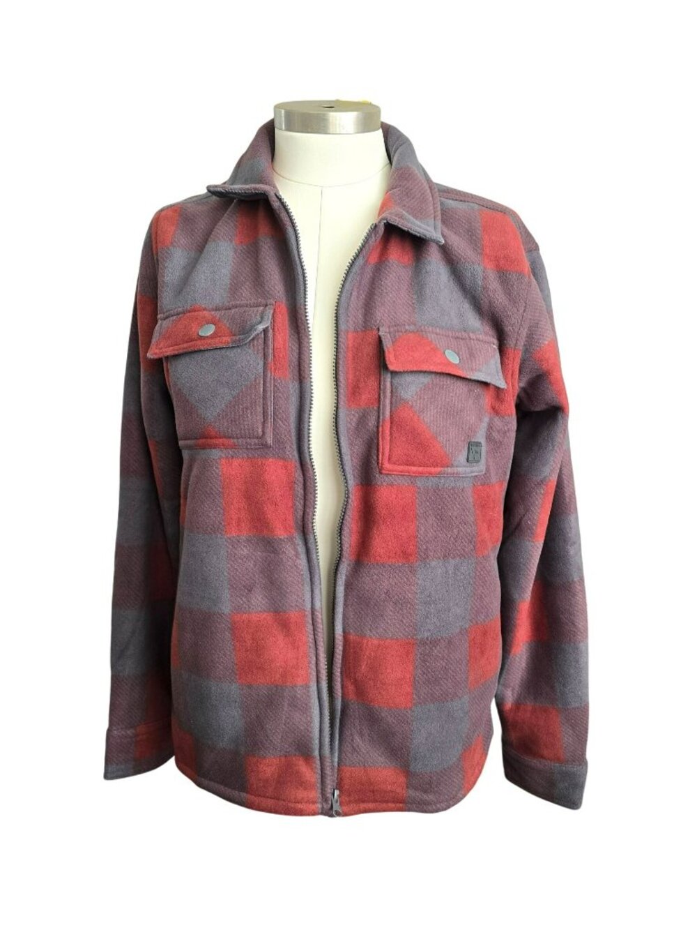Mens Red & Gray Plaid Fleece Jacket Full Zip Size Small Voyager NWT JJ4109